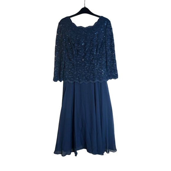 Alex Evenings Tea Length Dress Sz 8 Lace & Chiffon Mock Two Piece Navy Blue - Picture 1 of 9